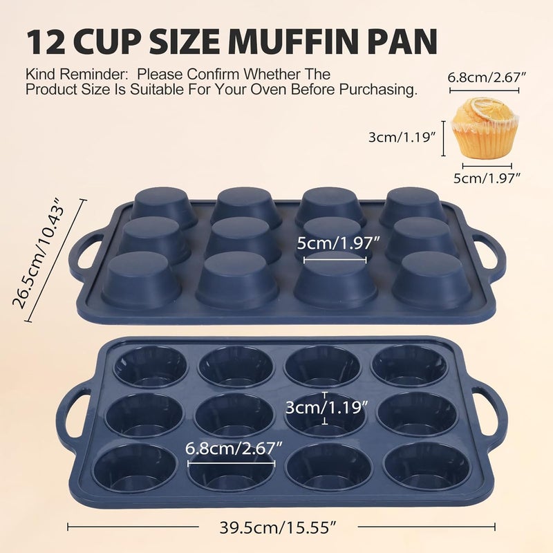 Vnray 2 Pack Silicone Muffin Pan 12 and 24 Cup with Metal Frame,Non Stick Silicone Mini Cupcake Pan with Handles, BPA Free Silicon Regular Muffin Tin Tray Small for baking, egg bites, Mold Grey - Image 2